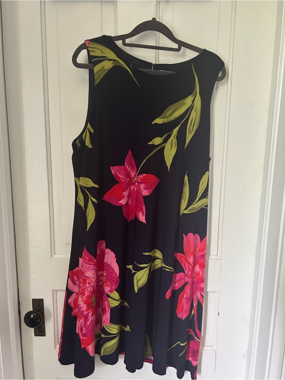 Anne Klein Black Floral A-Line Dress with Pink Flowers and Green Leaves